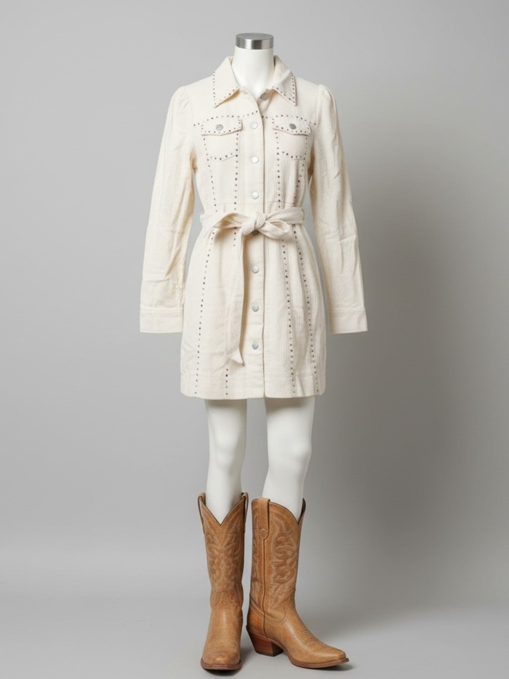 Cream Corduroy Rhinestone Trim Shirt Mini Dress